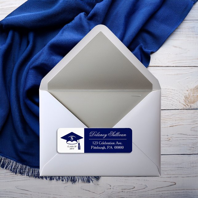 Étiquette Élégant Blue College Graduation Return Adresse (Elegant Blue and Silver Tone  College | University Graduation Monogram Return Address Label)