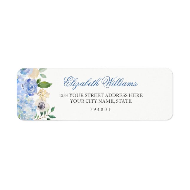Étiquette Élégant Blue Floral Adresse de retour Label (Devant)