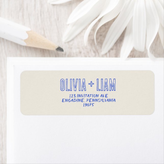 Étiquette Elegant Blue Hand Written Retro Funky Wedding  (En situation)