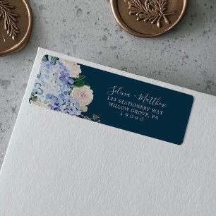Étiquette Élégant Blue Hydrangea Navy Adresse de retour Labe