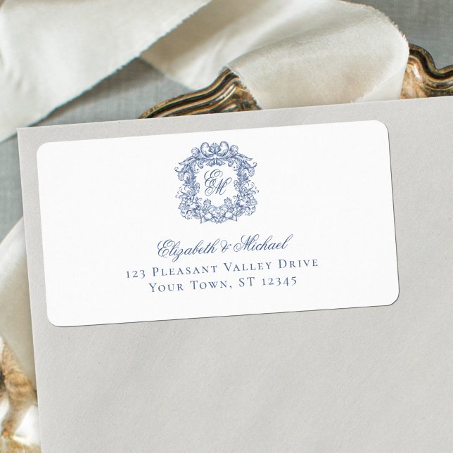 Étiquette Elegant Blue Monogram Crest Wedding Address (Créateur téléchargé)