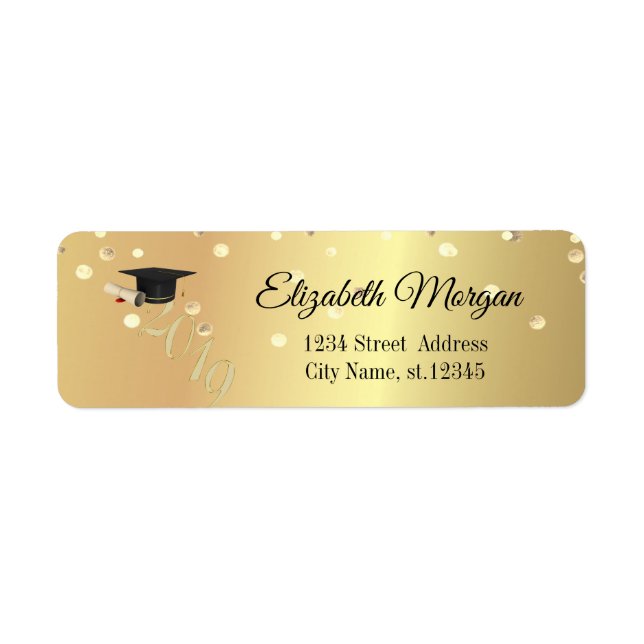 Étiquette Élégant bouchon de graduation en or, Confettis (Devant)