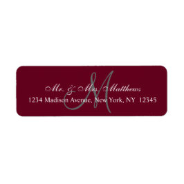 Étiquette Elegant Bourgogne Grey Monogramme Mariage Adresse