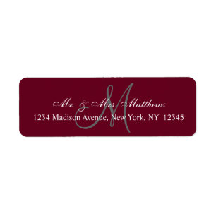 Étiquette Elegant Bourgogne Grey Monogramme Mariage Adresse