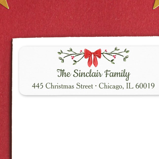 Étiquette Élégant Bow & Holly Retour de Noël personnalisé (Créateur téléchargé)