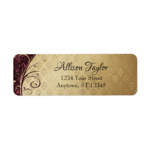 Étiquette Elegant Burgundy and Gold Damask Return Address