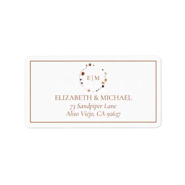 Étiquette Élégant Burnt Orange Floral Crest Monogramme Adres (Devant)