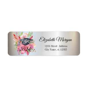 Étiquette Élégant chapeau de graduation floral argenté