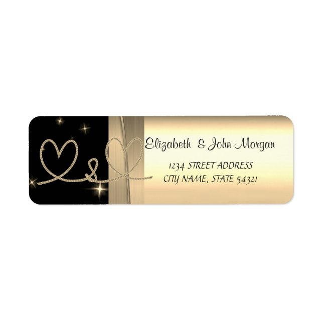 Étiquette Elégant Chic Luxe, Faux Gold, Noir, Coeurs (Devant)