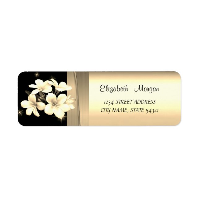 Étiquette Elégant Chic Luxe, Faux Gold, Noir, Fleurs (Devant)