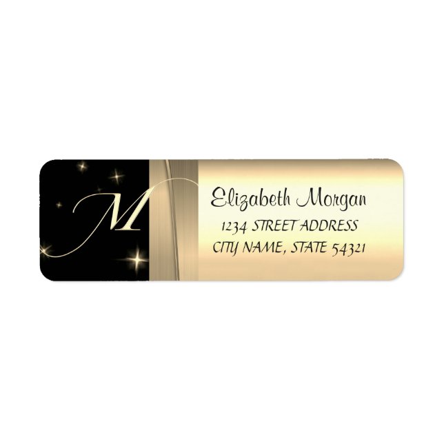 Étiquette Elégant Chic Luxe, Faux Gold, Noir, Monogramme (Devant)