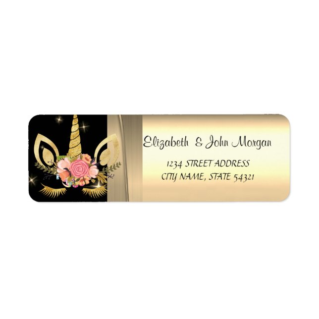 Étiquette Elégant Chic Luxe, Faux Gold, Noir, Unicorne (Devant)