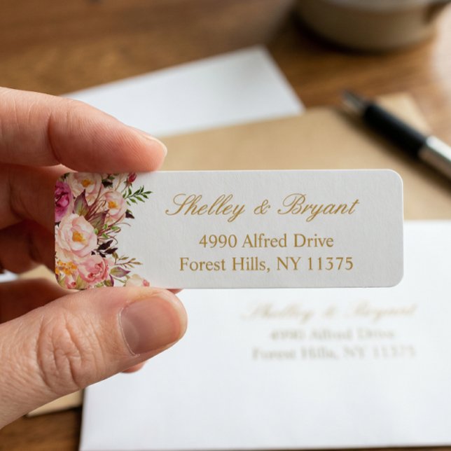 Étiquette Élégant Chic Rose Pâle Floral Or Mariage (Créateur téléchargé)