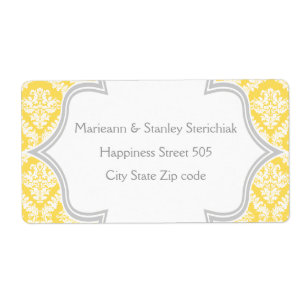 Étiquette Elégant citron jaune, gris mariage damassé