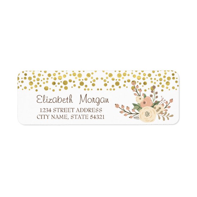 Étiquette Élégant, Confetti Or, Adresse Flowes Label (Devant)