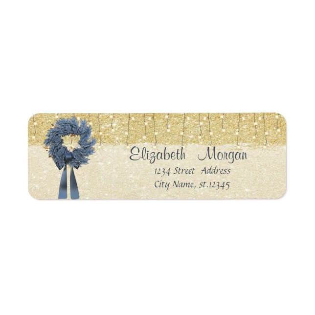 Étiquette Élégant, Couronne Bleue de Noël, Glitterie Or (Devant)