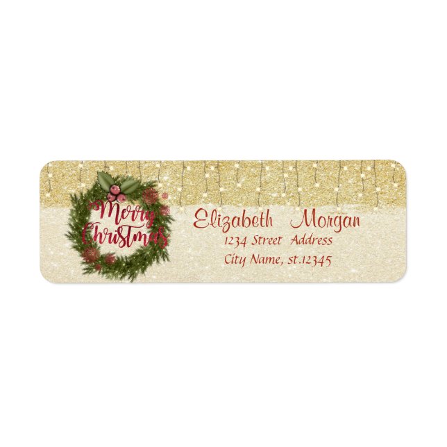 Étiquette Élégant, Couronne de Noël, Glitterie d'or (Devant)