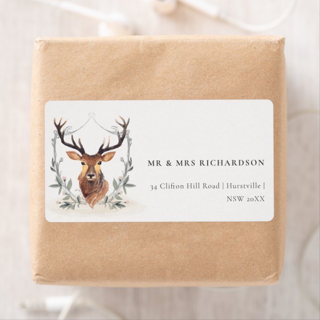 Étiquette Élégant Cute Dusky Deer Floral Crest Adresse (En situation)