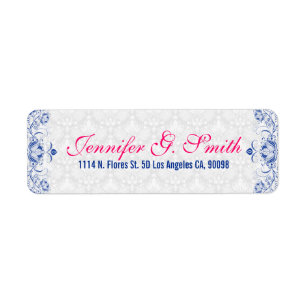 Étiquette Elégant Damas blanc & Royal Blue Floral Damas