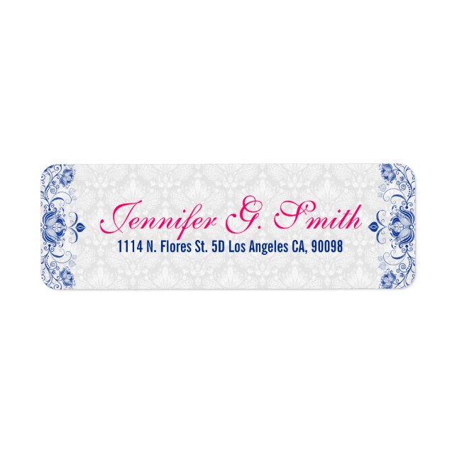 Étiquette Elégant Damas blanc & Royal Blue Floral Damas (Devant)