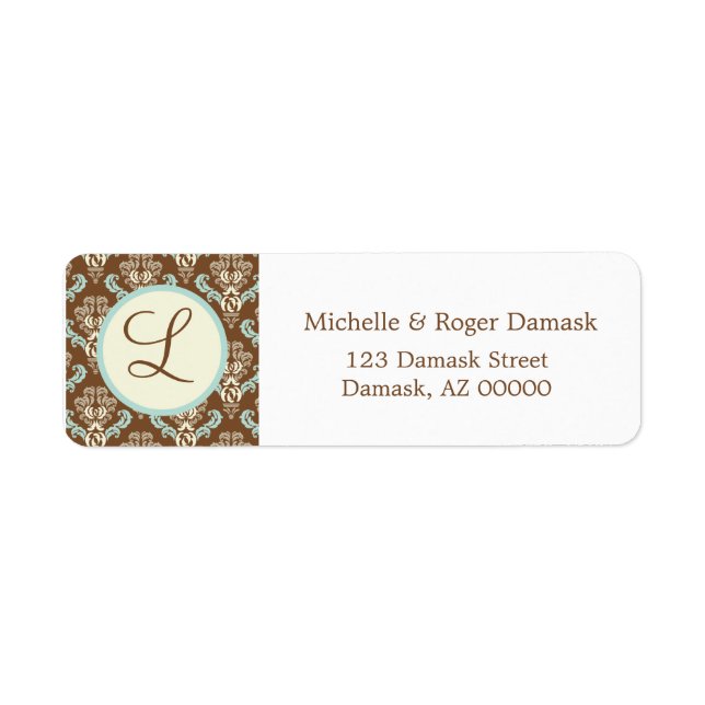 Étiquette Élégant Damas Custom Monogramme Brown Blanc Bleu (Devant)