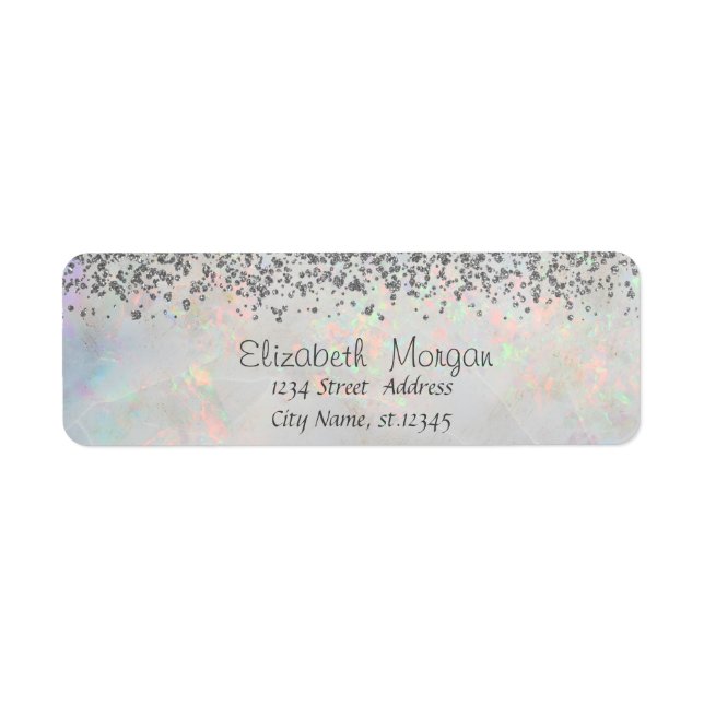 Étiquette Élégant Diamants Argent Blanc Holographique Opale (Devant)