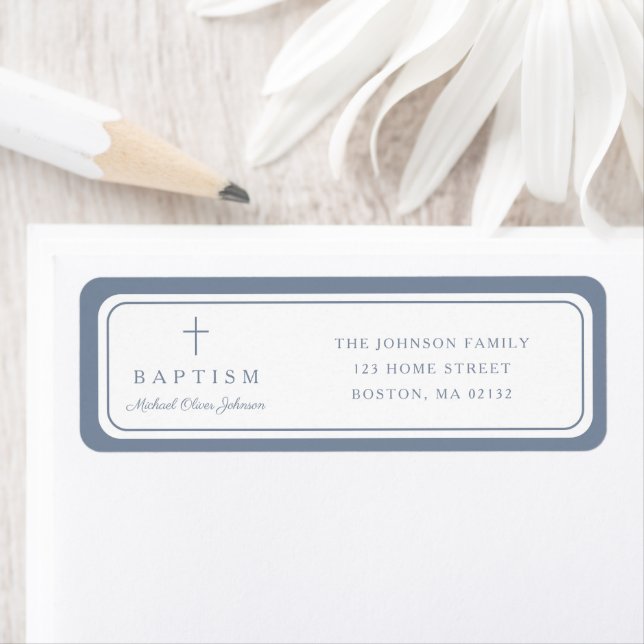 Étiquette Elegant Dusty Blue Cross Boy Baptism Address  (En situation)