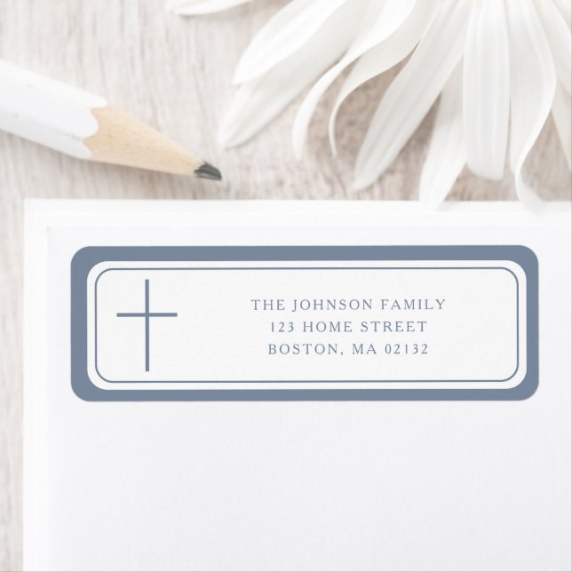 Étiquette Elegant Dusty Blue Cross Boy Baptism Address  (En situation)
