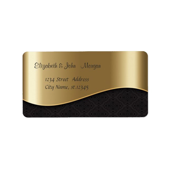 Étiquette Élégant élégant brillant, Faux Gold, Black Damask (Devant)