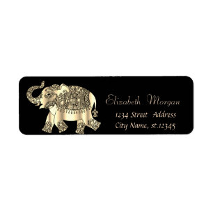 Étiquette Elégant Eléphant Floral Paisley Or, Noir