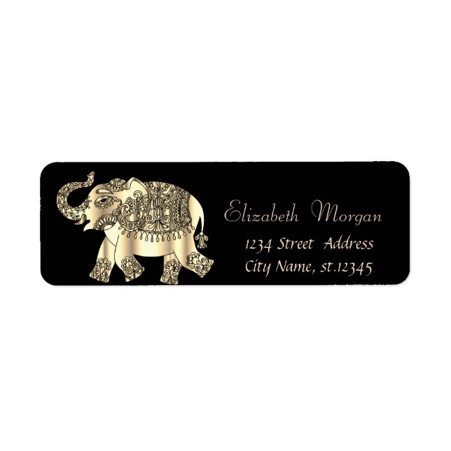Étiquette Elégant Eléphant Floral Paisley Or, Noir (Devant)
