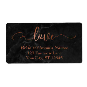 Étiquette Élégant Faux Cuivre, Marbre Noir Script d'amour