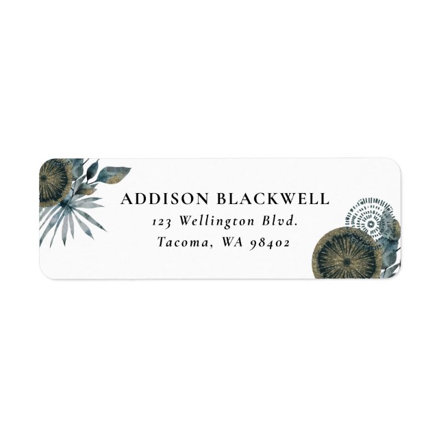 Étiquette Elégant Feuilles géométriques Turquoise d'or bleu (Devant)