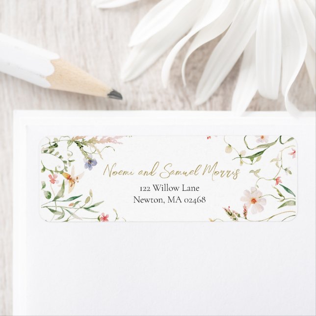 Étiquette Elégant Fleur sauvage Aquarelle Delicate Mariage (En situation)