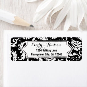 Étiquette Élégant floral damassé noir et blanc personnalisé