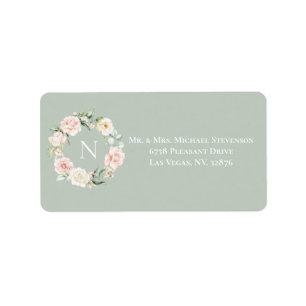 Étiquette Élégant Floral Vert rose rose Mariage Monogramme