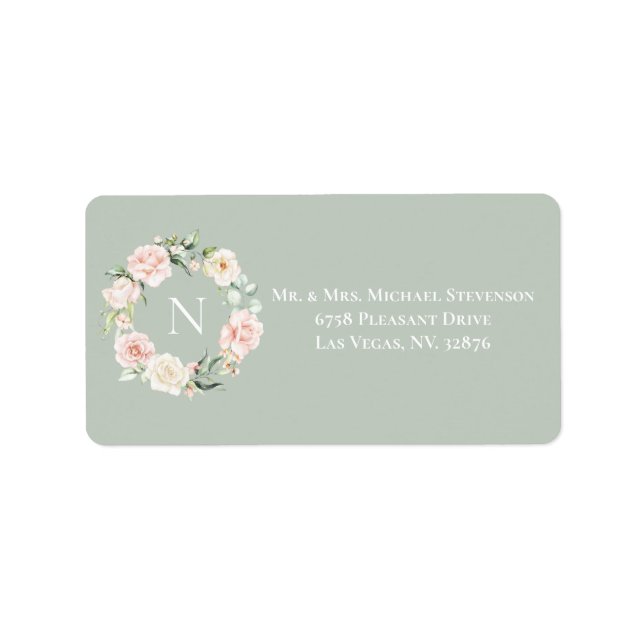 Étiquette Élégant Floral Vert rose rose Mariage Monogramme (Devant)