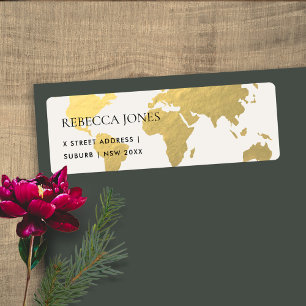 ÉTIQUETTE ELEGANT GOLD FAUX KRAFT WORLD MAP ADDRESS