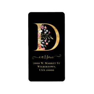 Étiquette Elegant Gold Monogram D Floral Address Label