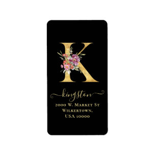Étiquette Elegant Gold Monogram k Floral Address Label