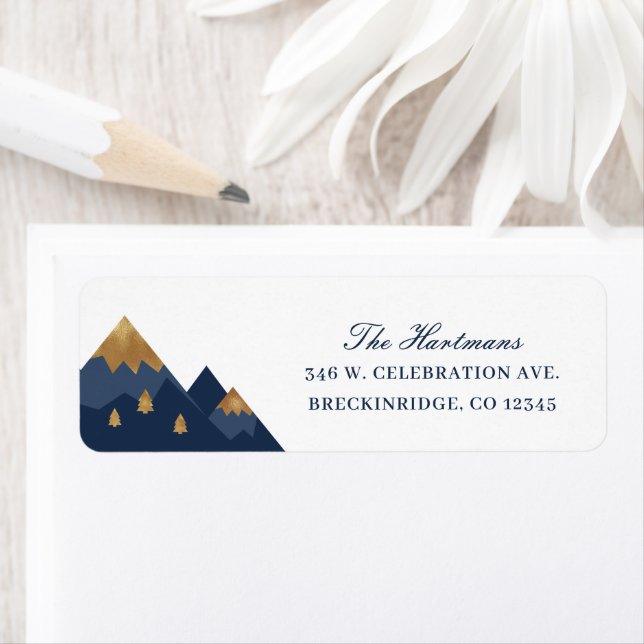 Étiquette Elegant Gold Navy Mountains Adresse de retour (En situation)
