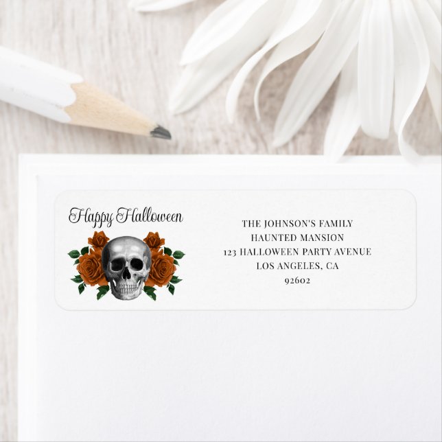 Étiquette Elegant Gothic Floral Skull Halloween Address (En situation)