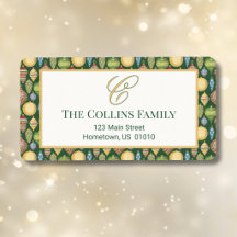 Elegant Green Christmas Border Monogram Address