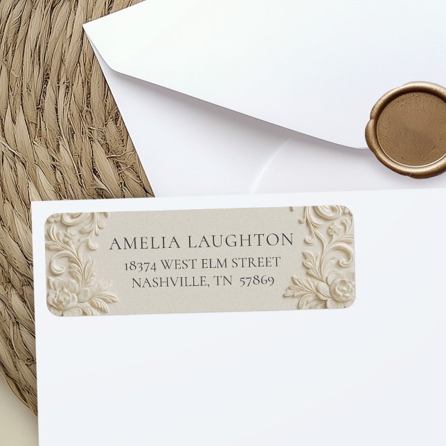 Étiquette Elegant Ivory Embossed Wedding (Elegant Baroque Ivory Wedding Return Address Label)