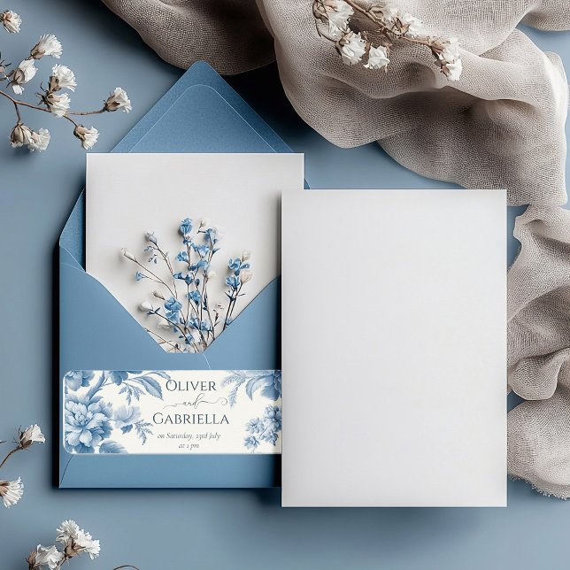 Étiquette Élégant Mariage Floral bleu toile française (Créateur téléchargé)