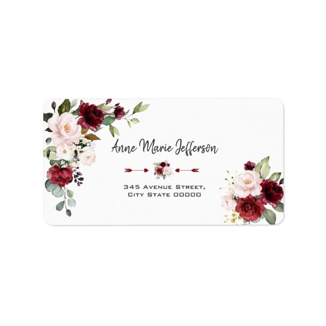 Étiquette Élégant Mariage floral de crème rousse bordeaux (Devant)