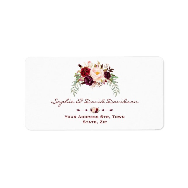 Étiquette Élégant Mariage floral de la marsala rouge bordeau (Devant)