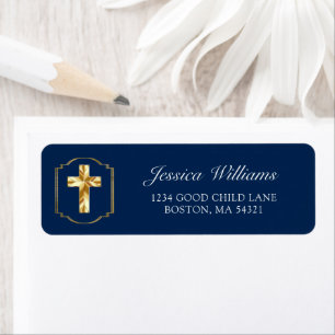 Étiquette Elégant Marine Blue Gold Cross 1st Communion Adres