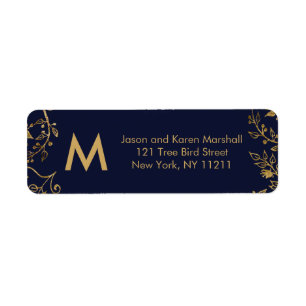 Étiquette Elégant Marine Blue Gold Floral Adresse