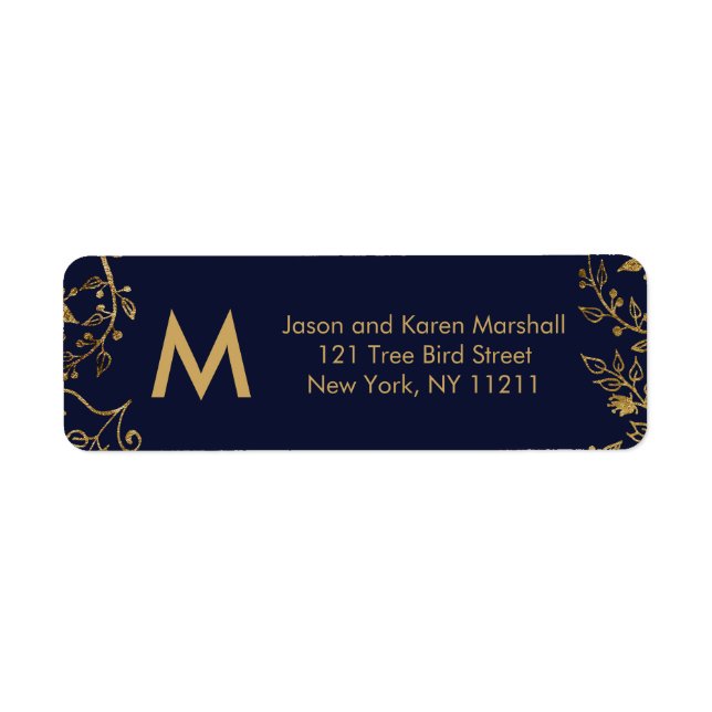 Étiquette Elégant Marine Blue Gold Floral Adresse (Devant)